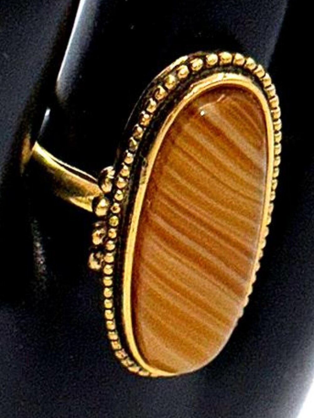 Avon Gold Tone Oval Striped Stone Ring Faux Tiger Eye – Size 7 Statement Jewelry